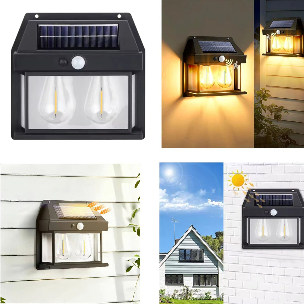 SET x2 Lampa Solara de Perete cu senzor miscare, awwaline, neagra, 3W, 600 LM, 16x17cm