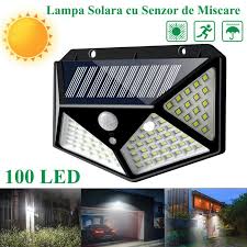 Lampă solară cu 100 LED-uri și senzor de mișcare, baterie 2200 mAh, 3 moduri iluminare